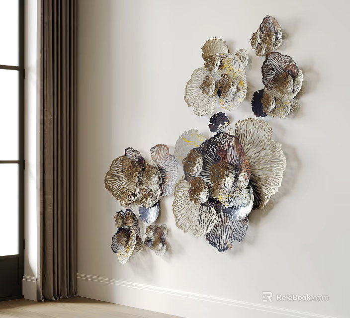Modern Artistic Wall Decor With Metallic Flower Petal Design In Silver Gold Purple Tones 3d model 