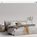 Modern Double Bed Setup With White Bedding Gray Blanket Wooden Nightstands And Green Plant