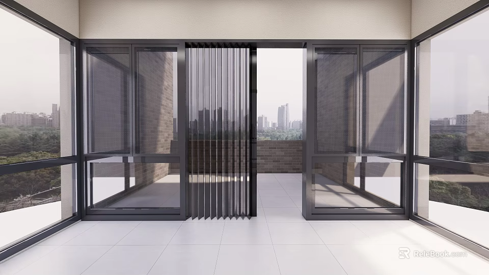 Modern Glass Folding Doors For Balcony With City View And White Floor 3d model 