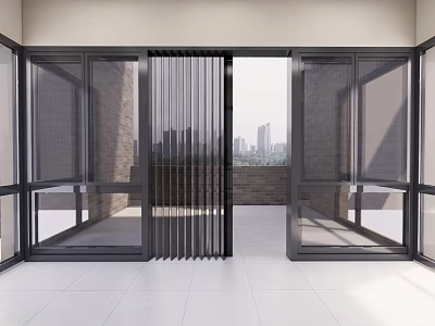Modern Glass Folding Doors For Balcony With City View And White Floor 3d model