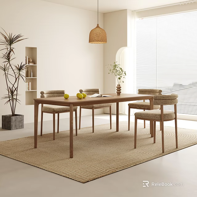 Modern Wooden Dining Table Set with Four Chairs Woven Rug Potted Plant and Hanging Lamp 3d model 