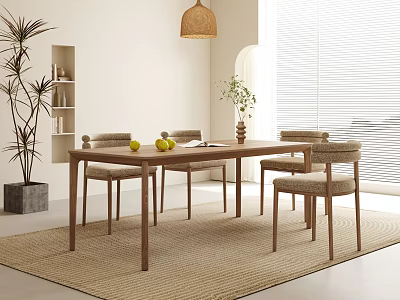 Modern Wooden Dining Table Set with Four Chairs Woven Rug Potted Plant and Hanging Lamp 3d model