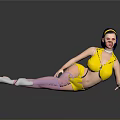 Woman With Purple Hair Yellow Headband And Yellow Outfit Posing On Black Reflective Surface