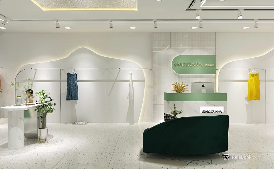 Modern Clothing Store Interior With Hanging Dress Clothes Rack Reception Desk Green Plant And Sofa 3d model 