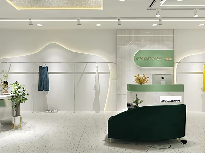 Modern Clothing Store Interior With Hanging Dress Clothes Rack Reception Desk Green Plant And Sofa 3d model