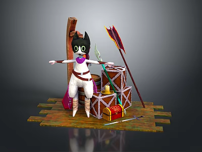 Cartoon Cat Sitting On Wooden Raft With Crates Arrow Candle And Package 3d model