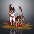 Cartoon Cat Sitting On Wooden Raft With Crates Arrow Candle And Package