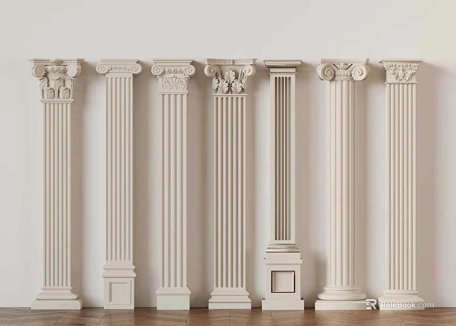 Classical White Columns With Intricate Carvings And Fluted Designs 3d model 