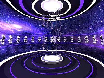 Futuristic Starry Sky Scene With Purple Blue Tones Circular Rings Spiral Staircase And Robots 3d model