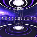 Futuristic Starry Sky Scene With Purple Blue Tones Circular Rings Spiral Staircase And Robots