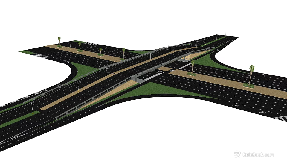 Municipal Road Intersection Design With Multiple Lanes Elevated Structure And Green Belts 3d model