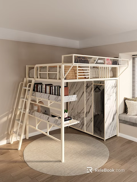 Bunk Bed With Ladder Lower Level Bookshelf Desk And Marble Texture Wardrobe Beige White 3d model 