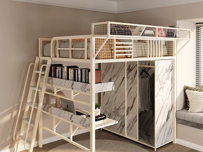 Bunk Bed With Ladder Lower Level Bookshelf Desk And Marble Texture Wardrobe Beige White 3d model