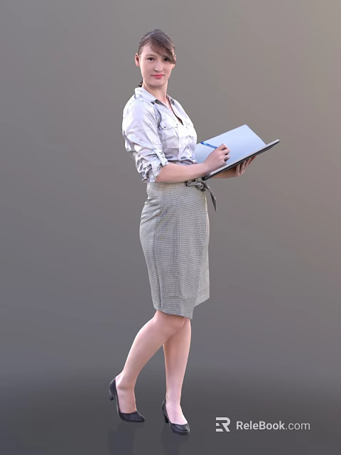 Professional Woman Wearing Shirt And Plaid Skirt Taking Notes With Notebook And Pen 3d model 