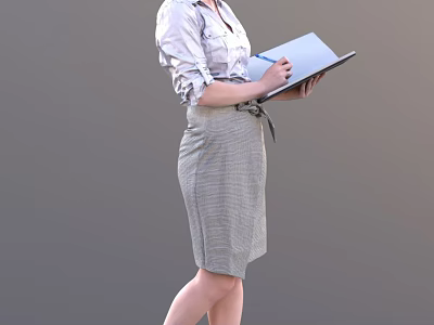 Professional Woman Wearing Shirt And Plaid Skirt Taking Notes With Notebook And Pen 3d model