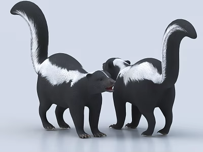 Two Black And White Skunks Standing With Long Fluffy Tails On Gray Surface 3d model