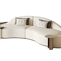 Curved Modern Beige Textured Sofa With Gray Button Cushions And Side Table