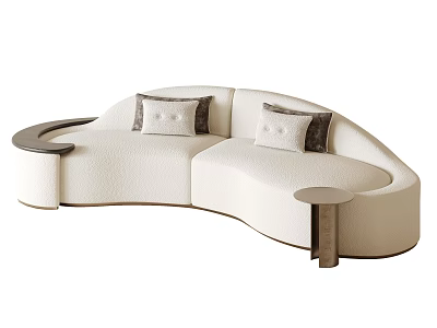 Curved Modern Beige Textured Sofa With Gray Button Cushions And Side Table 3d model