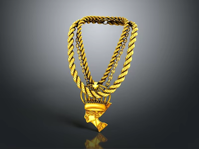 Golden Multi Strand Braided Chain Necklace Featuring Egyptian Style Pendant 3d model