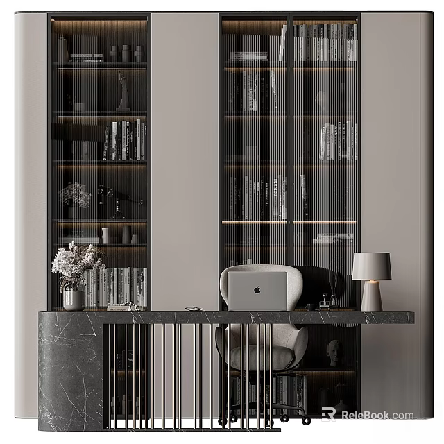 Modern Gridded Door Bookcase With Marble Desk Laptop Table Lamp And Vase Flowers 3d model 