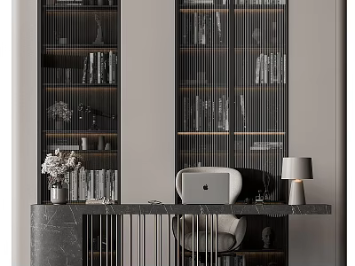 Modern Gridded Door Bookcase With Marble Desk Laptop Table Lamp And Vase Flowers 3d model