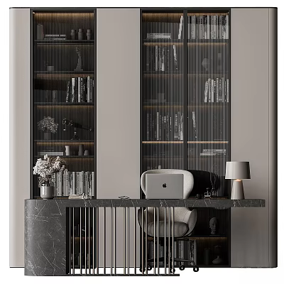 Modern Gridded Door Bookcase With Marble Desk Laptop Table Lamp And Vase Flowers 3d model