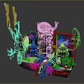 Cartoon Magical Workshop Scene With Colorful Buildings Whimsical Machines Glowing Potions And Tiny Characters