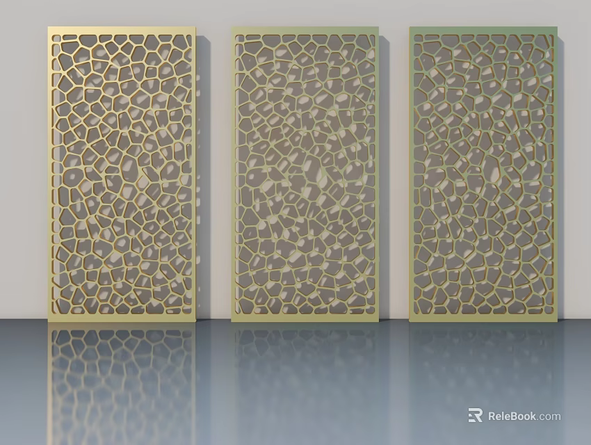Swing Doors Featuring Golden Frames Various Hollow Patterns on Light Colored Wall with Reflective Floor 3d model