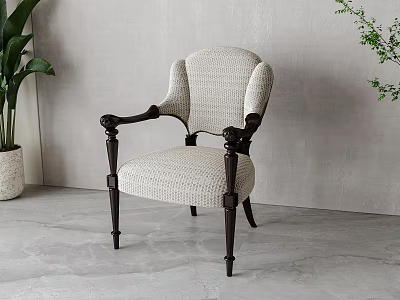 Textured Upholstered Dining Chair With Armrest Dark Wooden Legs And Green Plant By Gray Wall 3d model