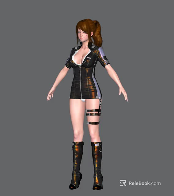Female Game Movie Character Wearing Black Tight Outfit Silver Stripes Thigh Straps Knee High Boots 3d model 