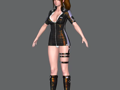 Female Game Movie Character Wearing Black Tight Outfit Silver Stripes Thigh Straps Knee High Boots 3d model