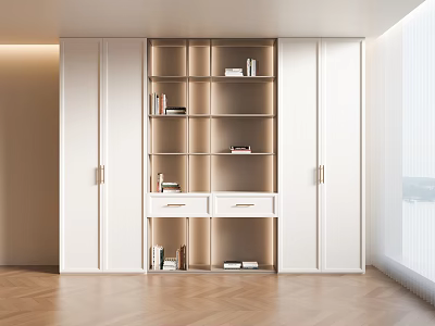 Modern White Bookcase With Open Shelves Drawers And Cabinets In Bright Room 3d model