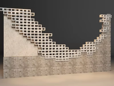 Modern Building Exterior Wall With Geometric Cube Lattice And Textured Stone Base 3d model