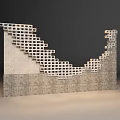 Modern Building Exterior Wall With Geometric Cube Lattice And Textured Stone Base