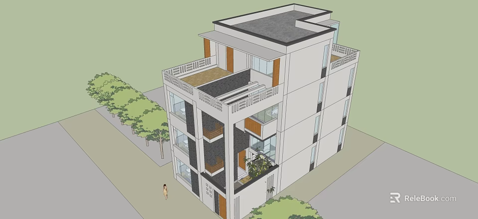Modern Multi Story Detached Villa With Balconies Large Windows And Green Plants 3d model 