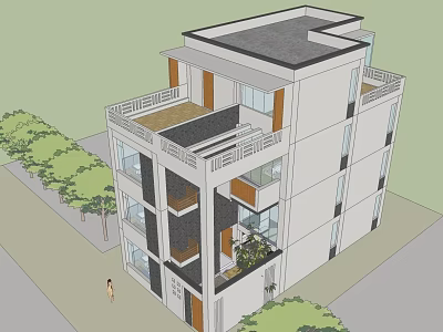 Modern Multi Story Detached Villa With Balconies Large Windows And Green Plants 3d model