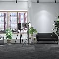 Stylish Interior Design With Brick Walls Large Windows Sofa Armchair And Floor Lamp