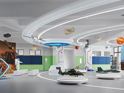 Modern Interactive Science Classroom With Aerospace Models Planet Decorations Curved LED Lights And Display Podiums 3d model