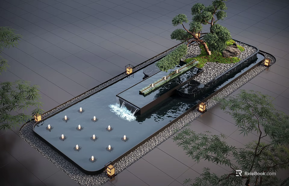 Modern Water Feature Fountain With Waterfall Decorative Lights Stone Bridge And Green Trees 3d model 