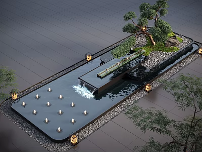 Modern Water Feature Fountain With Waterfall Decorative Lights Stone Bridge And Green Trees 3d model