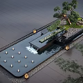 Modern Water Feature Fountain With Waterfall Decorative Lights Stone Bridge And Green Trees