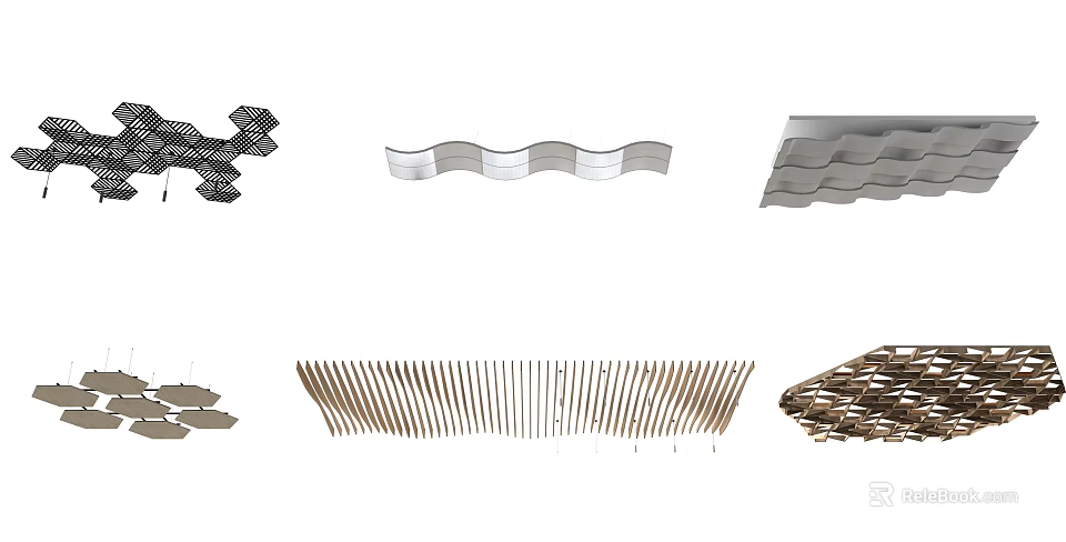 Stylish Ceiling Designs Featuring Wave Grid Wooden Slat and Geometric Patterns 3d model