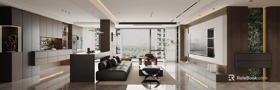 Modern Living and Dining Room Interior With Black Leather Sofa Coffee Table And Large Windows 3d model 