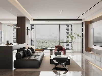 Modern Living and Dining Room Interior With Black Leather Sofa Coffee Table And Large Windows 3d model