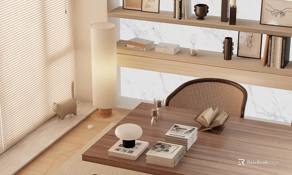 Cozy Restaurant Corner With Wooden Table Wicker Chair Books And White Floor Lamp 3d model 