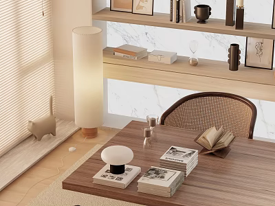 Cozy Restaurant Corner With Wooden Table Wicker Chair Books And White Floor Lamp 3d model