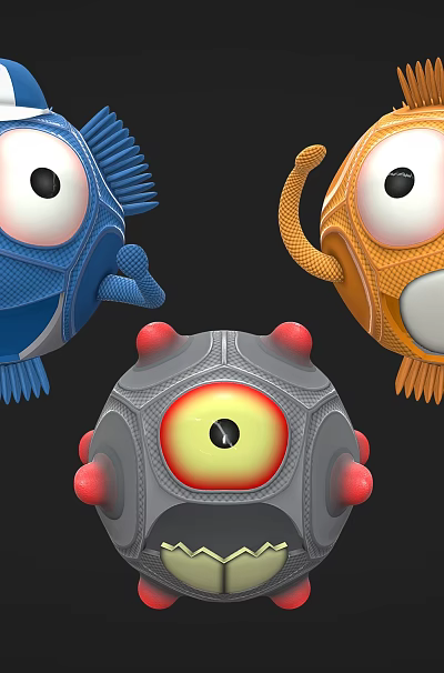 Blue Orange Gray Cartoon Game Movie Characters With Big Eyes And Round Bodies 3d model