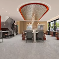 Modern Restaurant Interior Design With Curved Ceiling Chandeliers And Red Accent Wall