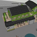 Greenery Covered Commercial Complex With Outdoor Seating And Modern Facade Design