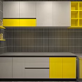 Shopping Mall Shop Yellow Themed Fried Skewers Interior With Counter Refrigerator And Stools